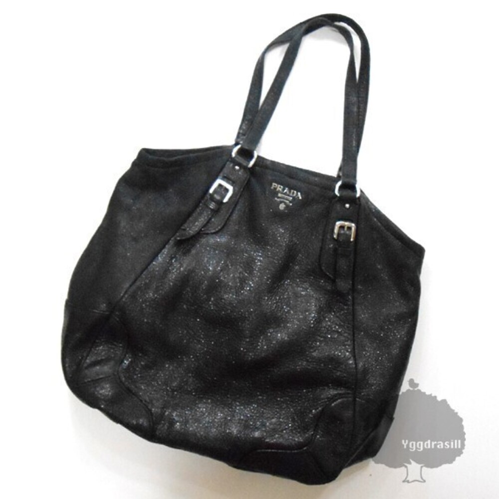 PRADA Leather Tote Bag Black Trapezoid Shoulder Handbag
